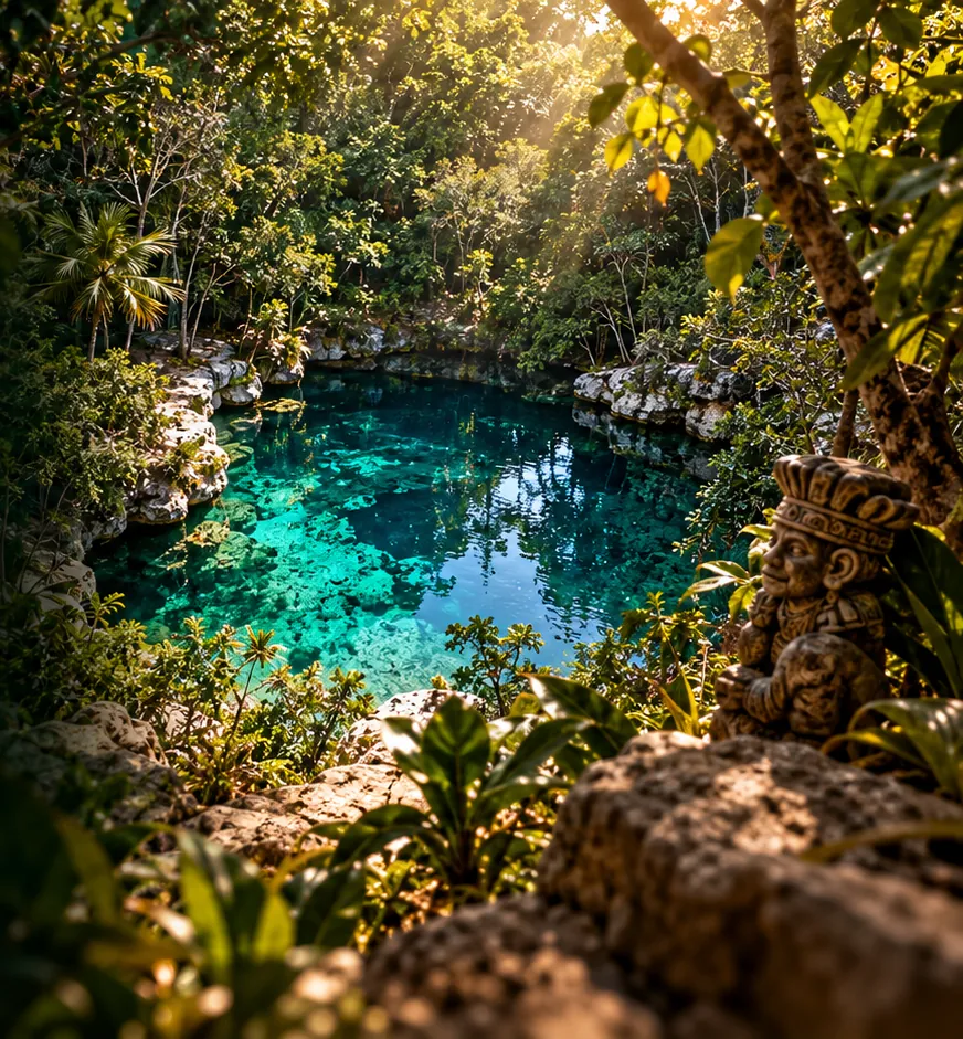 Cenote en la selva con una figura maya tallada en piedra