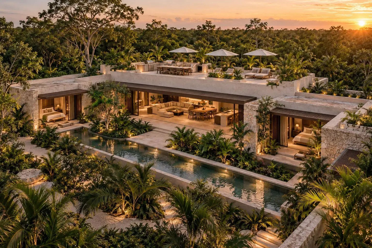 Casa de una planta con alberca lineal y terraza en azotea