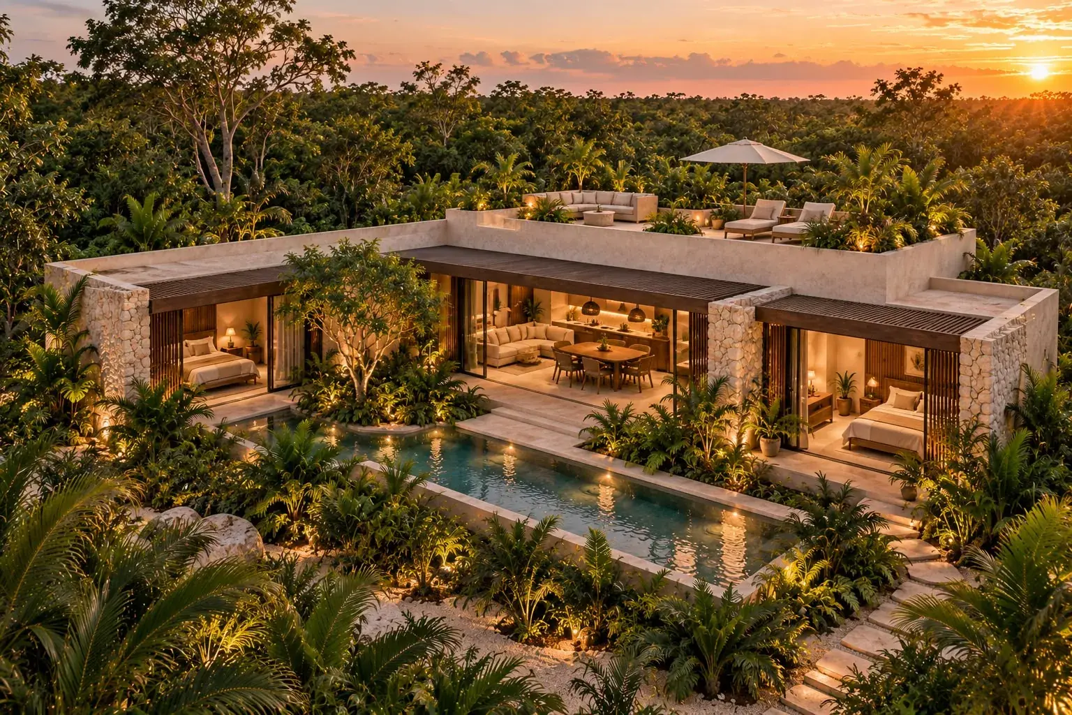 Casa de una planta con alberca de jardín