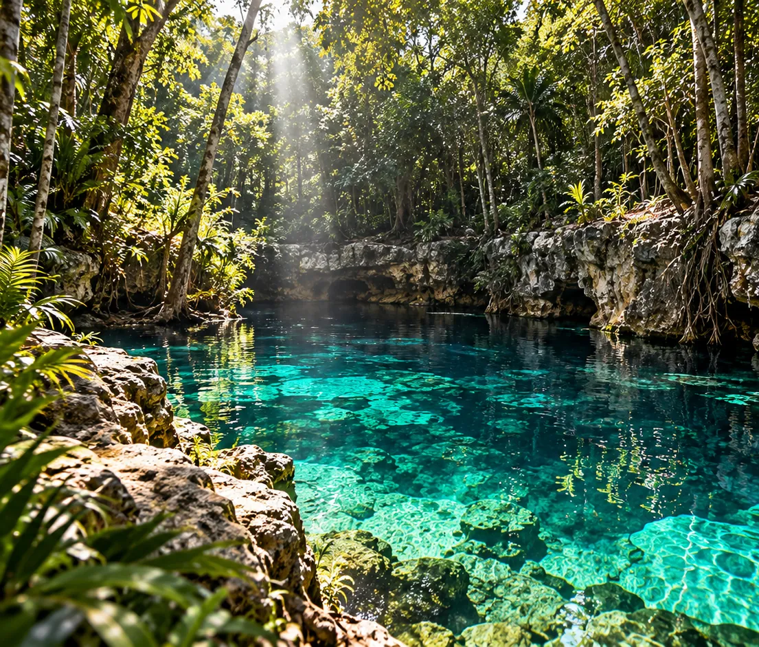 Luz entrando entre la selva sobre el cenote