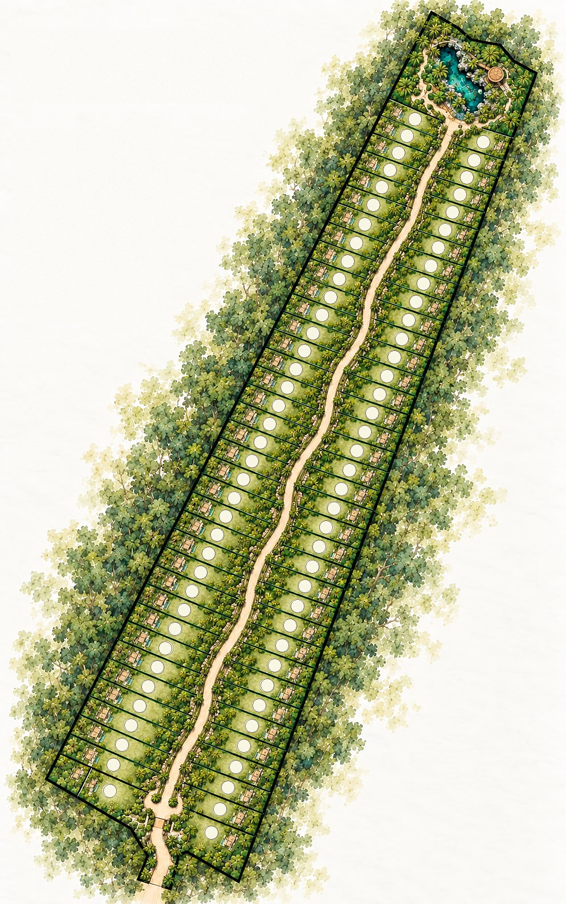 Master plan conceptual de Secret Lagoon: lotes a ambos lados de la vialidad central que termina en el cenote