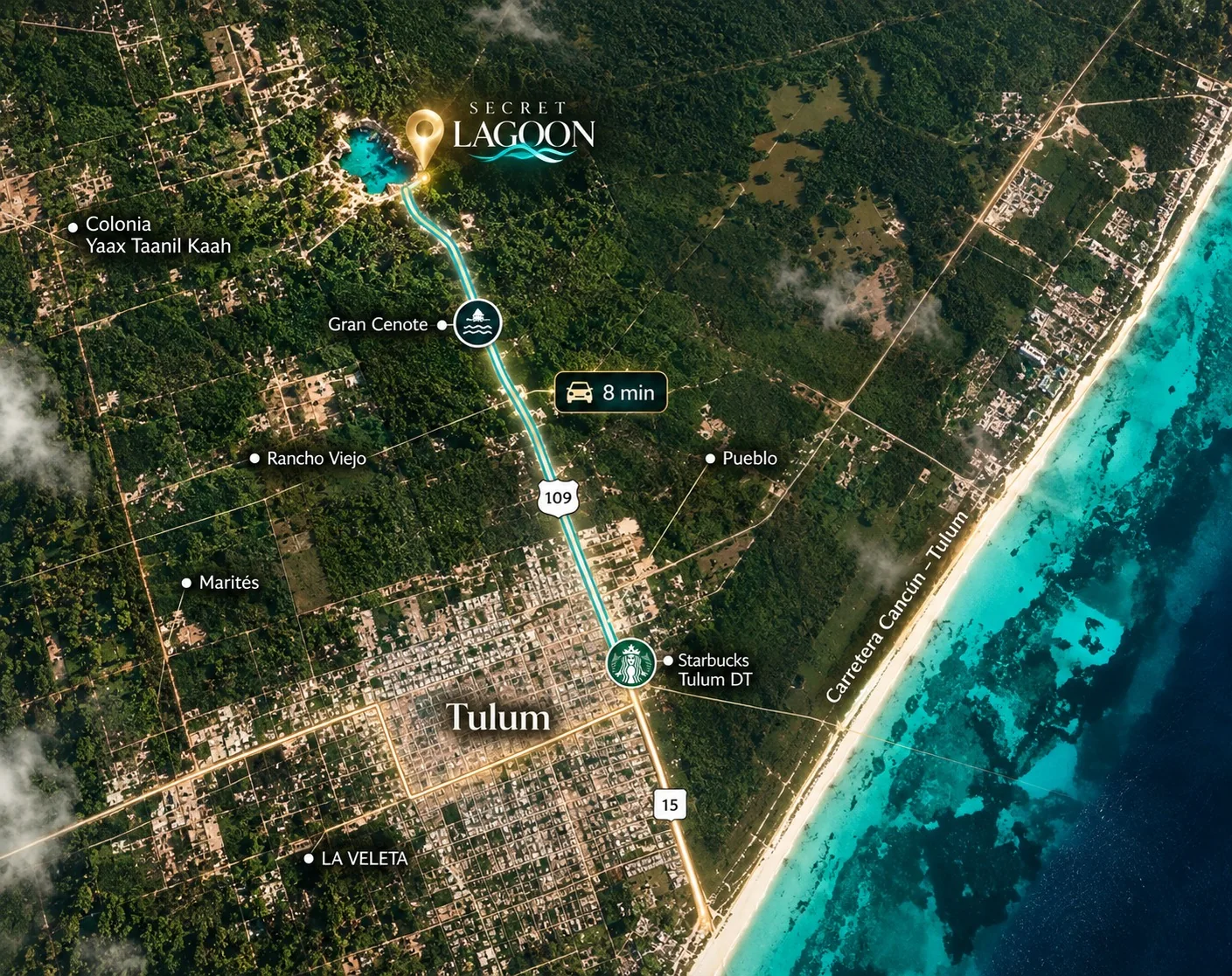 Ubicación de Secret Lagoon: a 8 minutos del centro de Tulum por la carretera 109, junto al Gran Cenote